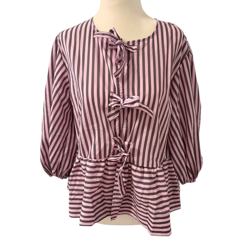 NEW Pink Striped Bow Front Large Peplum Blouse Puff Sleeve Top Coquette - Picture 3 of 8